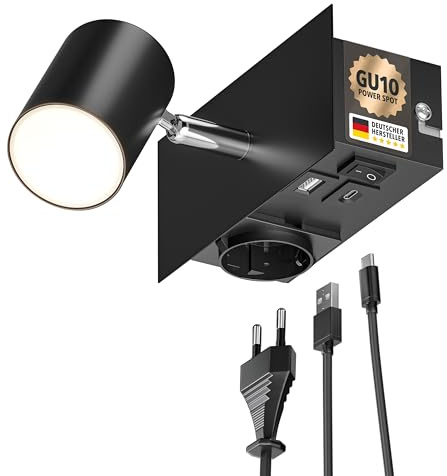 ledscom.de Wandspot WAIKA, 1-flammig, schwarz, Steckdose, USB-C, USB-A, inkl. LED GU10 Lampe 450lm, warmweiß