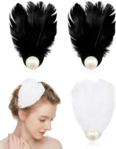 HUVZOR 2 paires Clips à Cheveux Plume, Coiffe Cygne en Plume Ballet Accessoires Cheveux Femmes Filles, Pièce Cheveux en Perle Blanche Carnaval Costume, Mariée Mariage Cosplay Fête(Blanc/Noir)