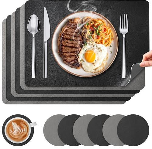 KUOGAS 6er Set Platzsets abwaschbar & Untersetzer, rechteckige Tischsets abwaschbar wasserdicht & rutschfeste doppelseitige Lederoptik für Küche, Esszimmer, Büro