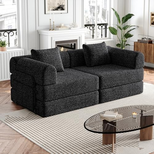 2er sofa mit schlaffunktion 184x91x70cm, Modulares sofa/Klappcouch mit Armlehnen und Stautaschen, Sofa mit bettfunktion mit zwei Kissen, Chenille-Stoff, Schlafsofa für Wohn-/Schlafzimmer (Schwarz)