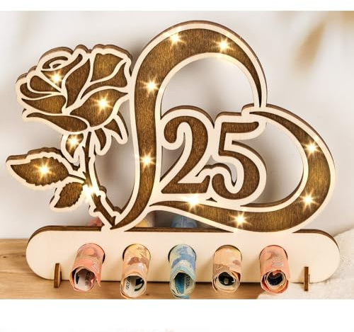 Geldgeschenk Hochzeit 25, Silberne Hochzeit Geschenke zur Geldgeschenke Holz Deko mit Rose, Romantisches Hochzeitstag für Geschenke, Hochzeiten, Partys, Jubiläum, Paare (25)
