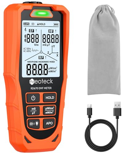 Neoteck 3-in-1 EMF Meter for Electric, Magnetic & RF Radiation, Tri-Axis Detection, WiFi/Microwave Identification, 3-Colour Alarm, Backlit Display & Rechargeable Battery – Home & Office Safety Monitor