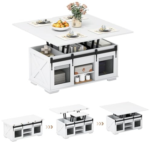 COSTWAY Table Basse Relevable 3 en 1 avec Rangement Caché pour Salon | Table de Salon Extensible avec 2 Portes Coulissantes Grange, Étagères Ouvertes et Design Convertible Multifonction (Blanc)
