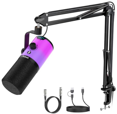 Aveek USB/XLR Dynamic Microphone with Boom Arm for Gaming & Streaming | RGB Lighting, Noise Cancellation, One-Touch Mute, Monitor Mix & Headphone Jack for PC & PS5