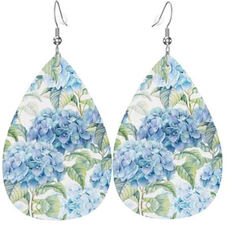 Hydrangea Print Leather Dangle Earrings for Women – Lightweight Teardrop Fashion Statement Earrings