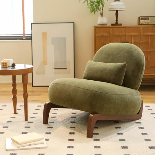 DRIXNO Relaxsessel, Akzentstuhl mit Massiven Holzbenen, Fernsehsessel, Ruhesessel, Liegesessel, Samt Wohnzimmer Stuhl mit weichem Kissen, Offene Stühle, Bequemer armloser Lesestuhl, Grün