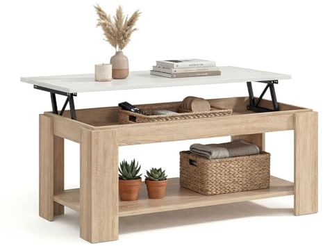 duehome Mesa de Centro Elevable LYA, Doble Altura, con Almacenaje | Mueble Auxiliar de Salón, Roble Canadian y Blanco Artik, Compartimento Oculto, Revistero Inferior, 102 x 50 x 43-54 cm