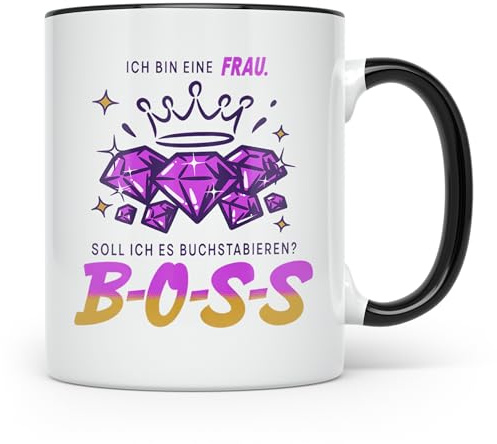 Boss Lady Tasse Chefin Geschenk für starke Frau lustiger Spruch 'Ich bin eine Frau B-O-S-S' Powerfrau Kaffeetasse Büro Feminismus (Schwarz)