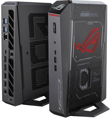 ROG NUC 2025 Mini PC con Intel Core Ultra 9 275HX, GPU GeForce RTX 5080, DDR5 da 32 GB, SSD da 2 TB, raffreddamento a tripla ventola, supporto per cinque display 4K, Wi-Fi 7, per giochi e AI.