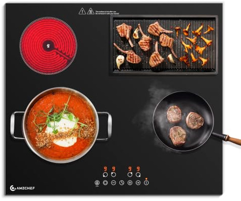 AMZCHEF Glaskeramikkochfeld 4 Platten 7200W, Herdplatte 4 Kochfelder 60 cm, 9 Leistungsstufen, Dual-/Ovalzonen für Grillen, Heizpause-Funktion, Kompatibel mit allem Kochgeschirr, Schwarz