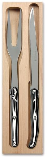 Andre Verdier Laguiole 2 Piece Carving Knife and Fork Set in Wooden Tray, 100% Made in France, Stainless Steel