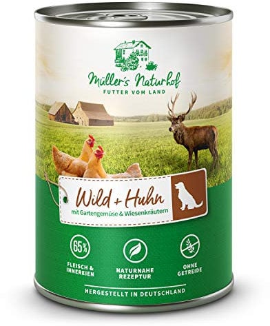 Müllers Naturhof - Wild und Huhn - 6 x 400 g - Nassfutter für alle Hunderassen - getreidefrei und glutenfrei - mit Gartengemüse und Wiesenkräutern - naturnahe Rezeptur mit 65% Fleisch