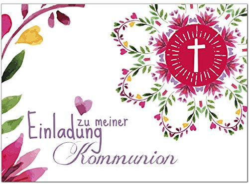 10 x Einladungskarten Kommunion mit Umschlag/Aquarell Bunt mit Herz und Blüten/Kommunionskarten/Einladungen zur Feier