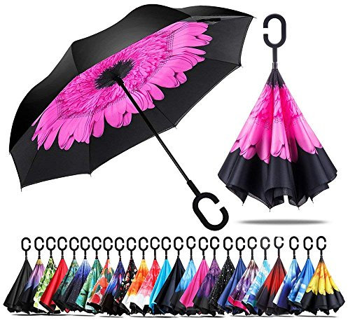 Jooayou Doppio Strato Invertito Ombrello, Manico a Forma di C Ombrello Ribaltabile Inverso, Anti UV Antivento Umbrella di Viaggio