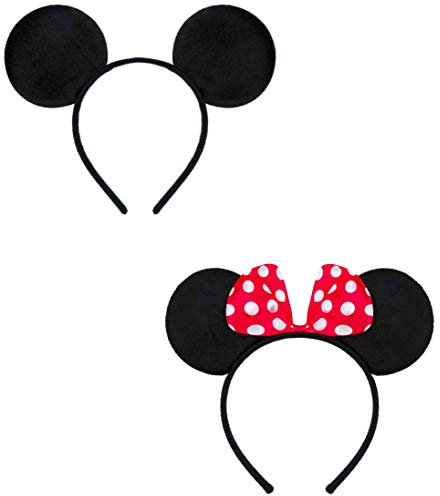 Balinco Doppelpack mit Maus Haarreifen/Maus Ohren mit roter Schleife und weißen Punkten & Maus Ohren in schwarz für Kinder & Erwachsene