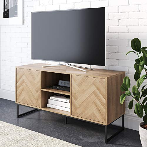 Nathan James Dylan Medienkonsolenschrank oder TV-Schrank mit Türen zur versteckten Aufbewahrung in einem natürlichen Fischgrätenholz-Muster und Metall, Eiche/Mattschwarz