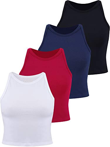 4 Stücke Basic Crop Tank Tops Damen Ärmellose Racerback Crop Tops Baumwolle Sport Crop Tops für Damen Täglich Tragen (Schwarz, Marineblau, Weinrot, Weiß, S)
