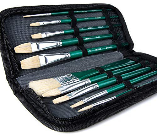 ARTIFY Lot de 10 pinceaux en Poils de Porc avec étui de Transport pour Peinture à l'huile, Aquarelle et Gouache pour Enfants et Adultes, débutants et Professionnels, Vert