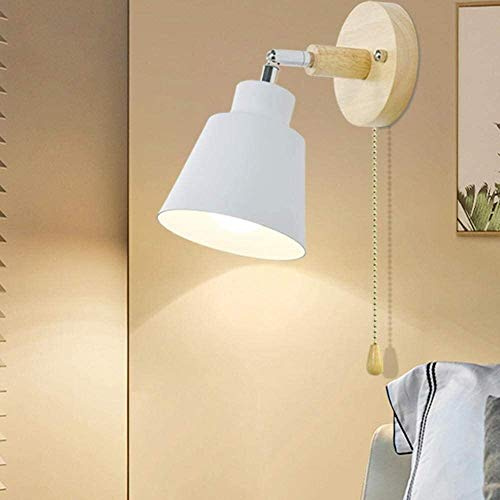 Risjc Wandleuchten Wandleuchte Mit Zugschalter, Holz-Wandleuchte Wandstrahler Frei Rotierbar Wandleuchten Innenbereich Wohnzimmer Wandleuchten Moderne Schlafzimmer Nachttischlampen (Color : Weiß)
