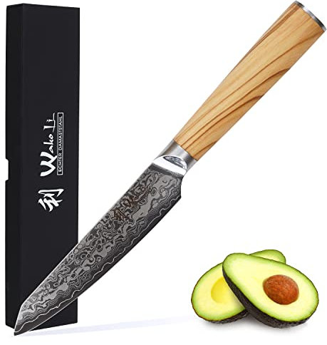 Wakoli Oribu Damastmesser Allzweckmesser 23 cm – 67 Lagen Damaststahl mit AUS-10 Kern, Olivenholzgriff, Profi Küchenmesser scharf & langlebig, Geschenkbox