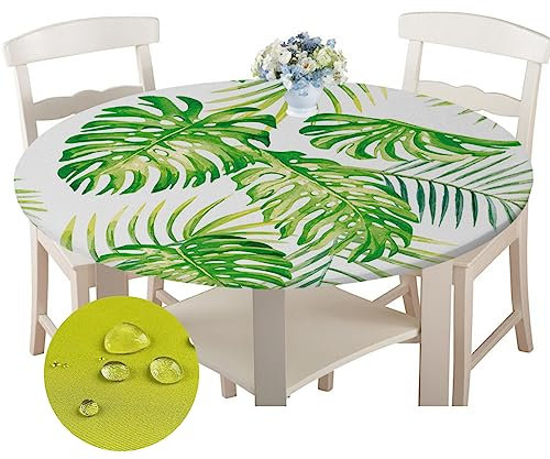 Chickwin Runde Tischdecke Wasserdicht Kreative 3D Gedruckte Tischschoner Elastische Kante, Tischtuch aus Polyester für Küche, Esszimmer, Garten oder Camping (Monstera,100cm)