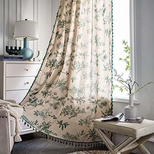 EXQULEG 1pcs Vorhang, Böhmen Voile Vorhang Transparente Mit Quasten Beige Baumwolle Leinen Grüne Pflanzen Ösenschal Fensterschal Raumdekoration (240x150cm(H × B))