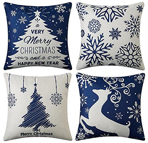 CAROMIO Weihnachts-Kissenbezug, 4er Set Dekorative Kissenbezug, Ländlich, Weihnachten, Weihnachtsdeko, für Sofa, Schlafzimmer, 45 x 45 cm, blau