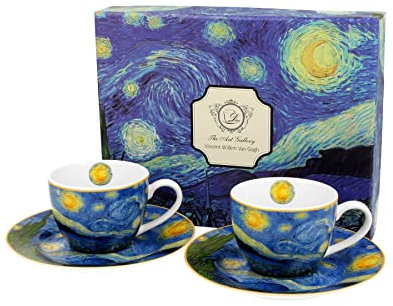 Duo Kollektion Art Gallery by V. van Gogh EIN Satz von 2 Espresso Tassen mit Untertassen STARRY NIGHT aus New Bone China Porzellan in Geschenkbox, Kaffeetasse, Füllmenge maximale 110 ml