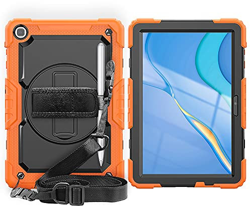 Funda de TPU resistente a prueba de golpes para Huawei Matepad T10 9.7 pulgadas/T10s 10.1 pulgadas 2021, cubierta protectora W protector de pantalla+soporte giratorio+mango+correa de hombro (naranja)