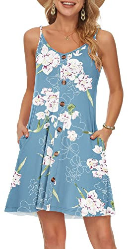 WNEEDU Vestido Mujer Verano Playa Correa Vestidos Corto Cuello en V Casual con Bolsillos Floral Azul Claro XXL
