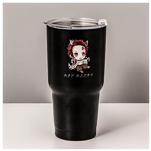 Demon Slayer Tumbler mit Deckel, 850 ml Wasserbecher, vakuumisoliert, 8–12 Stunden, Anime-Wasserflasche Doppelwände, Edelstahl-Kaffeetasse für Zuhause und Auto, Tanjiroou (Schwarz)