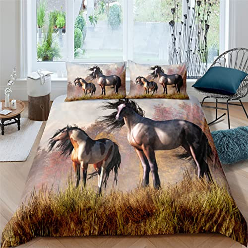 SHITOU Bettwäsche 200x200 Grauer Mustang 3D Gedruckte BettwäSche-Sets，Warm Und Atmungsaktiv Mikrofaser BettwäSche ​Und 2 Kissenbezug 80x80，Geeignet FüR Erwachsene Und Kinder