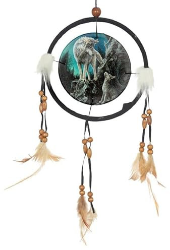 Traumfänger Wolf + Welpe Gothic Esoterik Magie Indianer Federn Holz Perlen