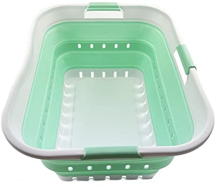 SAMMART 42L Collapsible Plastic Laundry Basket - Foldable Pop Up Storage Container/Organizer - Portable Washing Tub - Space Saving Hamper/Basket (White/Pale Jade)