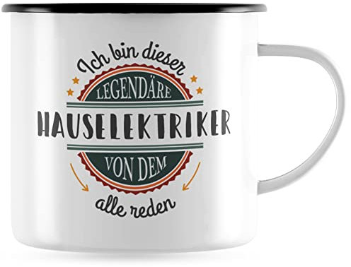 JUNIWORDS Emaille-Tasse, Ich bin dieser legendäre Hauselektriker, von dem alle reden, Schwarzer Tassenrand (5051822)