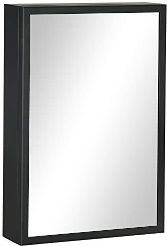 kleankin Miroir de Salle de Bain Porte en Alu + Cadre en Acier Inoxydable Murale Armoire à Glace avec 1 Porte Miroir et 2 étagères en Acier 40 x 12 x 60 cm - Noir