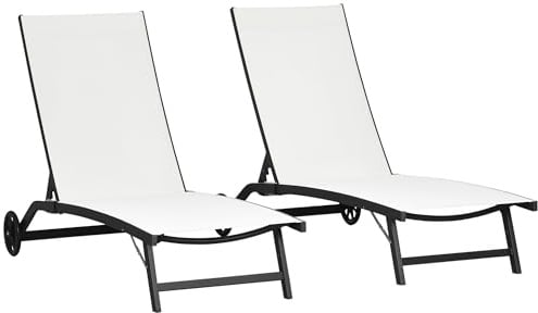 Outsunny Pack de 2 Tumbonas de Jardín Exterior Tumbonas Reclinables de Aluminio con Respaldo Ajustable de 5 Niveles y Ruedas para Playa Piscina 165x66x102 cm Blanco Mate