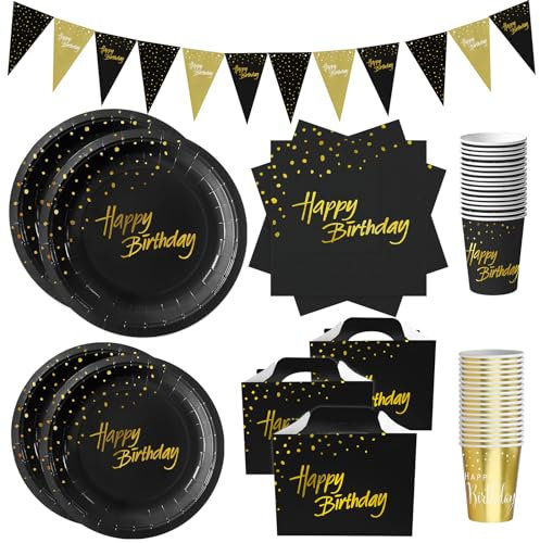 Vaisselle jetable 181 Pièces Assiettes, Gobelets, Serviettes, Boîte à gâteau, Bannières, Couverts, Décorations de fête, ensemble Vaisselle Sets de couverts jetables Joyeux anniversaire (Noir)