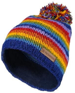 Pachamama Damen Wollmütze Bommelmütze Fleece gefüttert Handgestrickt Regenbogenfarben Streifen Mehrfarbig Einheitsgröße handgefertigt extra warm Fair Trade, mehrfarbig, Einheitsgröße