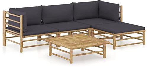 Keketa Gartenlounge Gartensofa 5-TLG. Gartenmöbel Set mit Kissen Dunkelgrau Balkonmöbel Balkonlounge Garten Lounge Sofa Sitzgruppe Sofagarnitur Terrassenmöbel Ecksofa Bambus