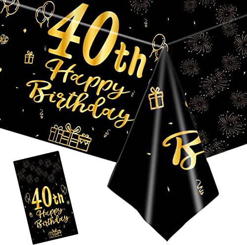 COSORO Black Gold 40th Birthday Table Decorations, Table Cloth, Napkins, Paper Plates, Disposable Tablecover for 40th Birthday Party Decoration