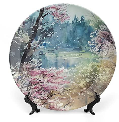 Gokays Piatti Decorativi - Acquerello Bellissimo Paesaggio Primaverile Dipinto in Ceramica, Casa Piatto Oscillante Con Espositore, Decorazione da Appendere Alla Parete