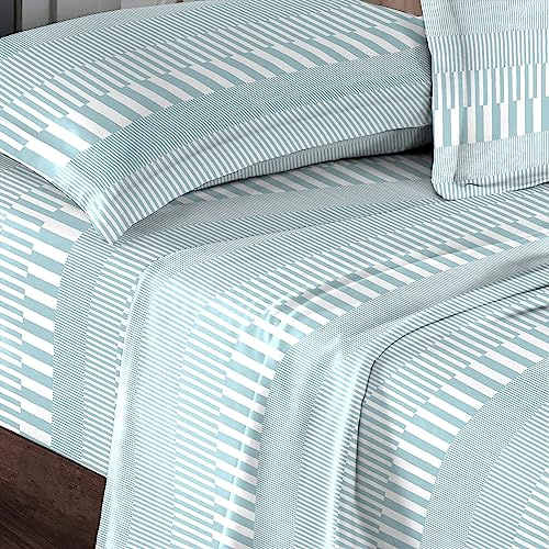 Pizuna Cotton Blue Printed King Size Bed Sheet Set 400 Thread Count | Cascade Stripe 100% Long Staple Cotton Bedding Sateen Sheets Includes 1 Fitted Sheet 2 Pillowcase