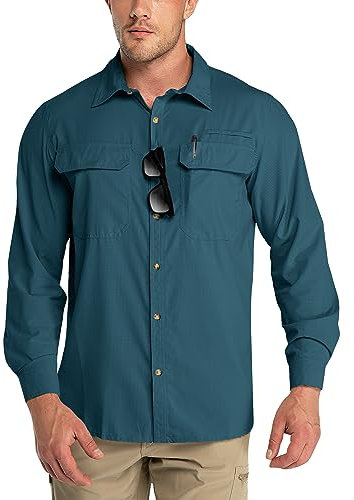 Outdoor Ventures Men's Long Sleeve Shirts UV Protection Outdoor Shirts Breathable Button-Down Shirt Wicking Quick Drying Safari Shirt with Pockets for Hiking Fishing Golfing, Dark Green, L