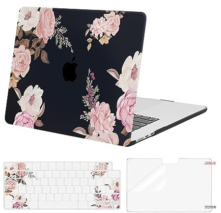 MOSISO Hülle Kompatibel mit MacBook Air 15 Zoll 2025 2024 2023 M4 M3 M2 A3241 A3114 A2941 Chip mit Touch ID,Plastik Pfingstrose Hartschale Case&Tastaturabdeckung&Bildschirmschutz, Schwarz