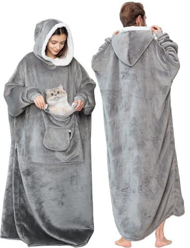 Elaxi Coperta con cappuccio extra lunga oversize, morbida coperta indossabile in sherpa con maniche, tasche in pile caldo indossabile, felpa gigante per donne e uomini, Grigio scuro, Oversized