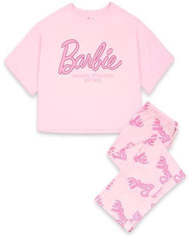 Barbie Pyjama Femme Ensemble en Rose | Mesdames recadré à Manches Courtes Graphique Tee & Jambe Longue Tout sur Le Bas imprimé | Icône de Style Original Logo Classique | Poupée Film pour Elle