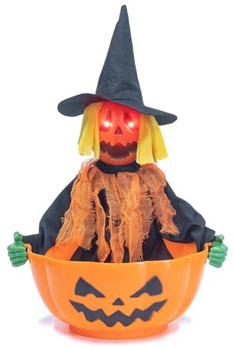 KI Store Halloween Deko Animierte süßigkeiten Schale Korb Halter mit Totenkopf-Motiv, Handdekoration, Requisiten mit LED-Augen, Geräusch, Horror-Party, Zuhause, Bar, Tischdekoration (kurbis, 29cm)