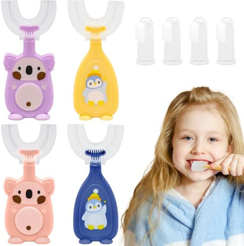 Scettar 4 pezzi Spazzolino Bambini 2 anni a 6 anni,Spazzolino Denti Bambini a Forma di U,Spazzolino Morbido in Silicone con 4 Set da Pollice,Spazzolino Manuale da Denti 360 Gradi per Bambini