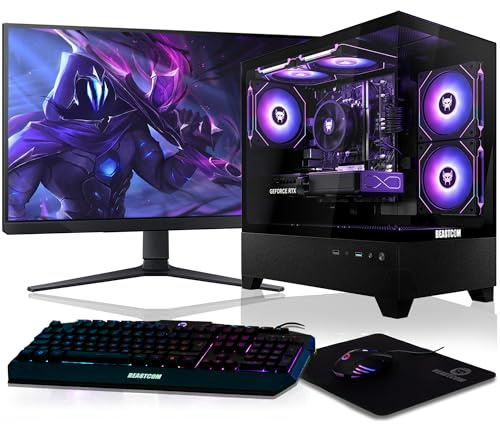 BEASTCOM Q5 | Gaming PC Set Bundle | AMD Ryzen 5 4500 6X 4,10GHz 12 Threads, RTX 5060 8GB, 16GB RAM, 1TB NVMe SSD, Monitor LED 27 + RGB Tastatur + Maus + Mauspad, HDMI, WLAN, Win 11